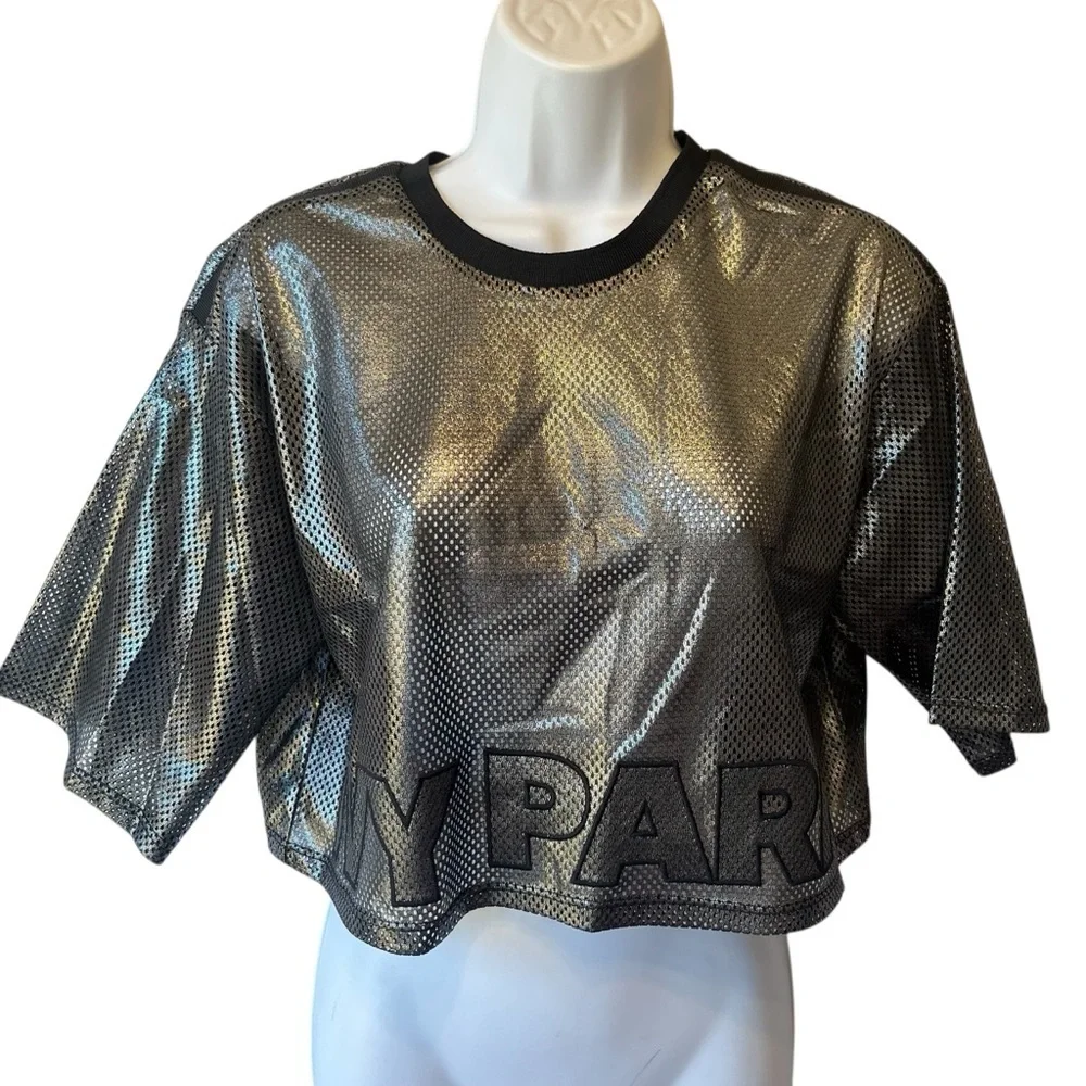 Ivy Park NWT Metallic mesh crop top XS Gunmetal silver black Womens T-shirt NEW - Picture 3 of 7